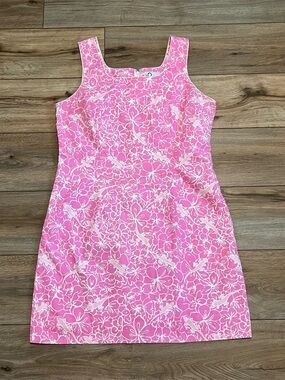 Lilly Pulitzer Shift Dress SZ 12 Pink Gecko Lizard Back Zip Vintage White Label